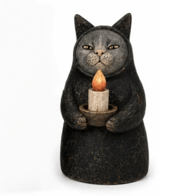 Mysterious Hooded Cat Candlelight Figurine
