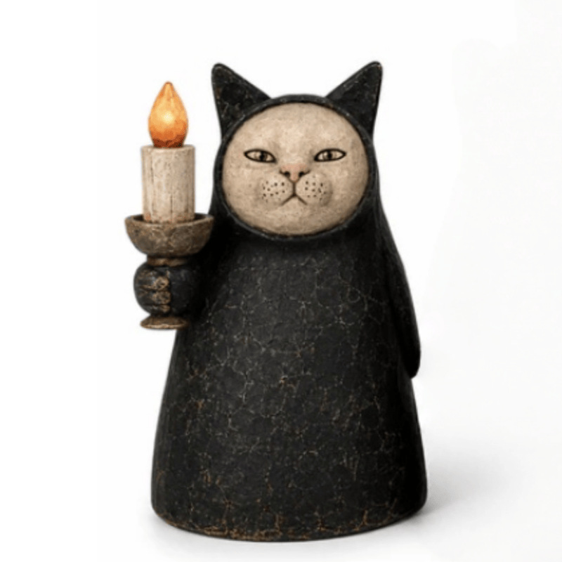 Mysterious Hooded Cat Candlelight Figurine