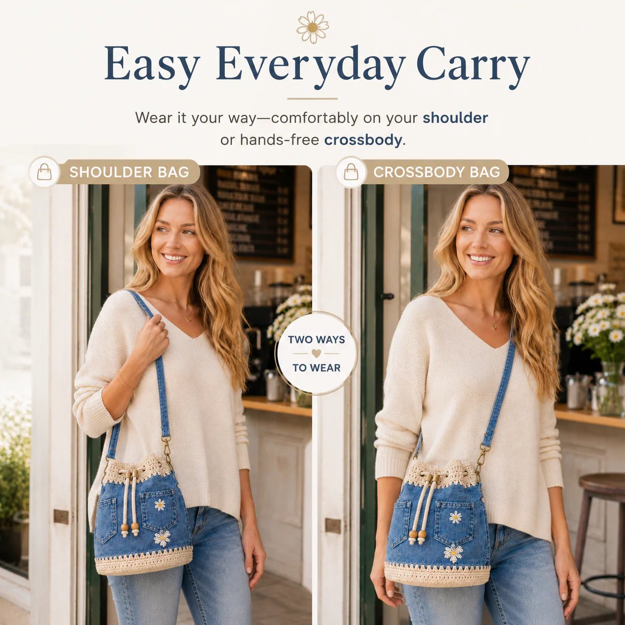 💥SAVE 33%👖 Denim Crochet Drawstring Bucket Bag, Vintage Daisy Crossbody Shoulder Bag For Women