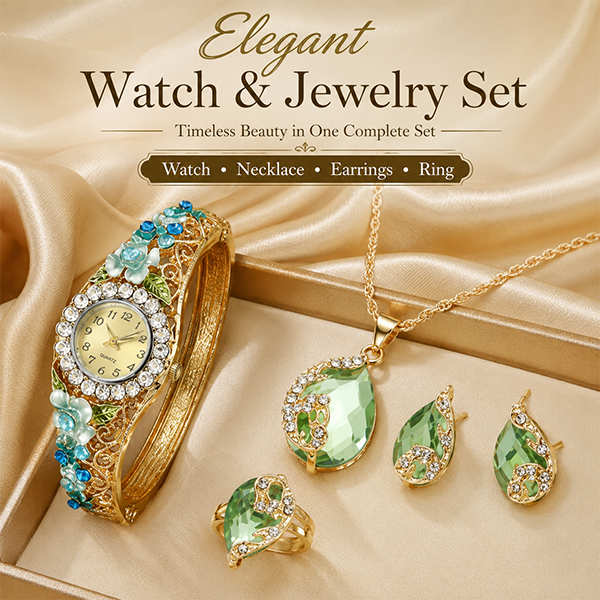 Elegant Floral Crystal Watch & Matching Jewelry Set for Women