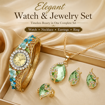Elegant Floral Crystal Watch & Matching Jewelry Set for Women
