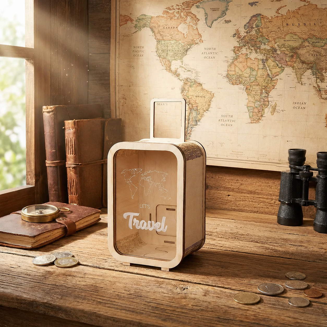 ✈️Adventure Fund, 🛳️Money Box, 🚌Vacation Fund, Handmade wooden piggy bank