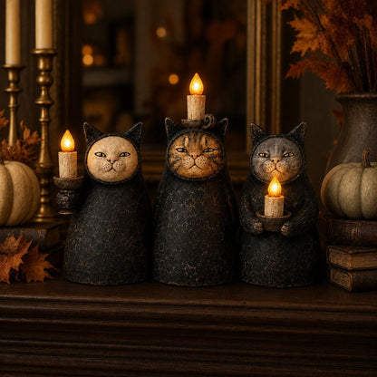 Mysterious Hooded Cat Candlelight Figurine