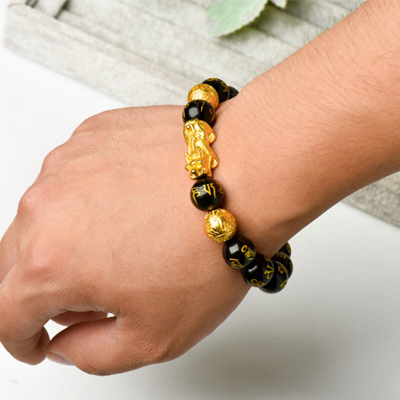 Black Onyx Om Mani Padme Hum Beads Pixiu Bracelet