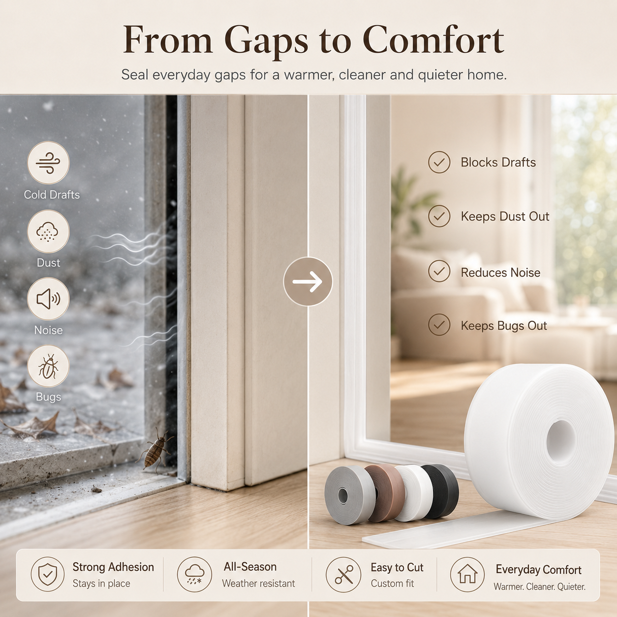 16.4Ft Door Weather Stripping | Adhesive Draft Stopper Seal Strip for Doors, Windows & Shower Doors