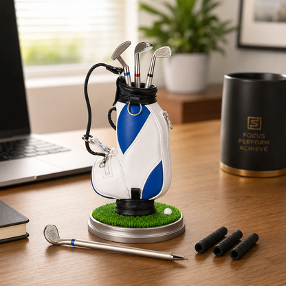 Golf Pen Holder + 3 Club-Shaped Pens – Mini Golf Bag Desk Organizer & Gift for Golf Lovers