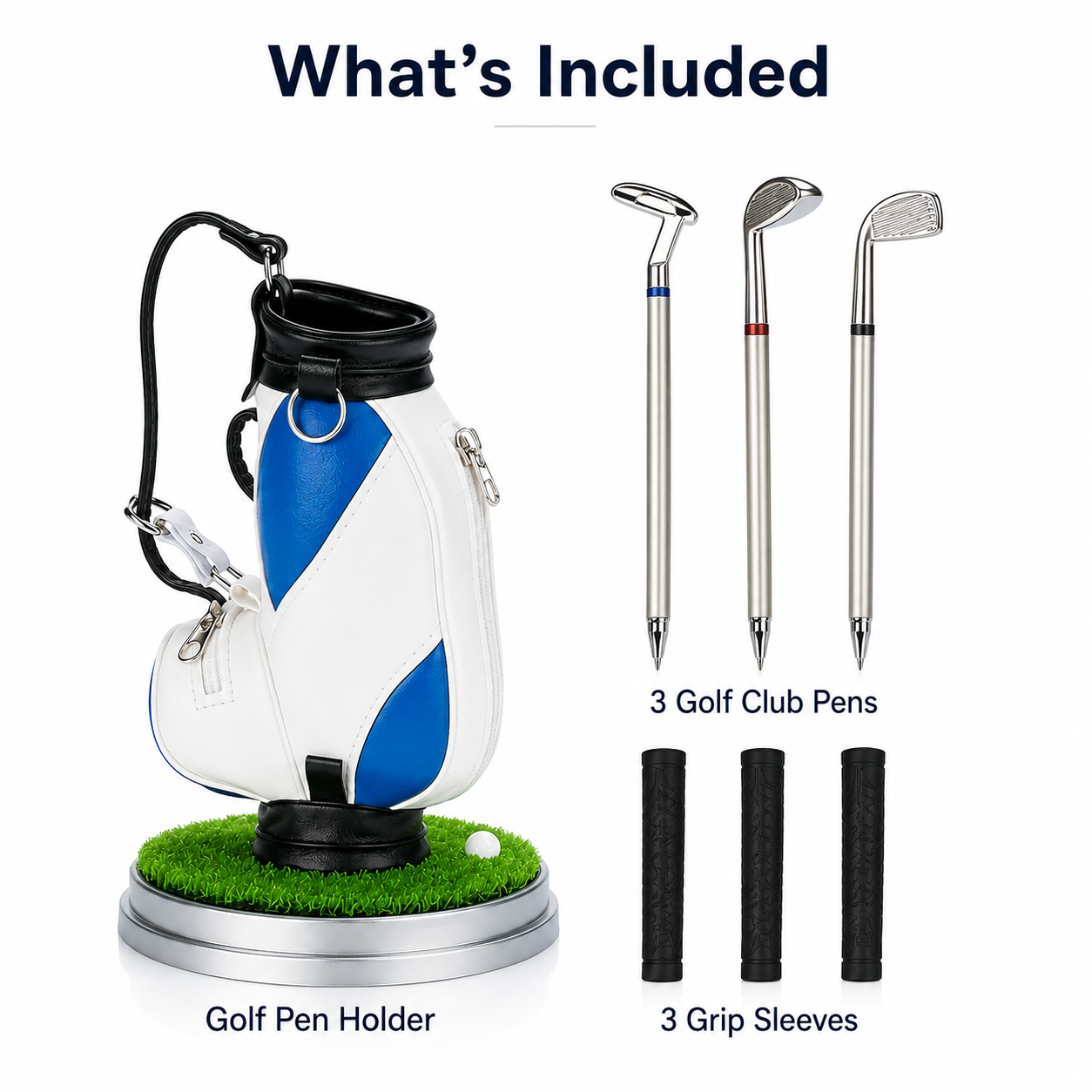 Golf Pen Holder + 3 Club-Shaped Pens – Mini Golf Bag Desk Organizer & Gift for Golf Lovers