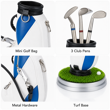 Golf Pen Holder + 3 Club-Shaped Pens – Mini Golf Bag Desk Organizer & Gift for Golf Lovers