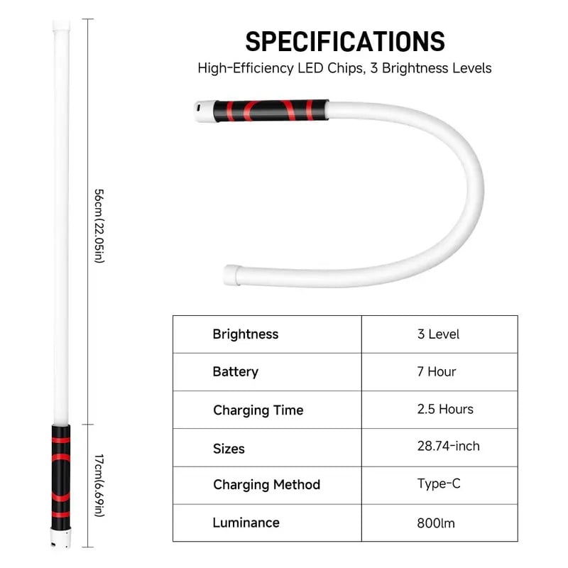 Bendable LED Flashlight Stick - 28" Flexible Design, 7-Hour Long Battery Life