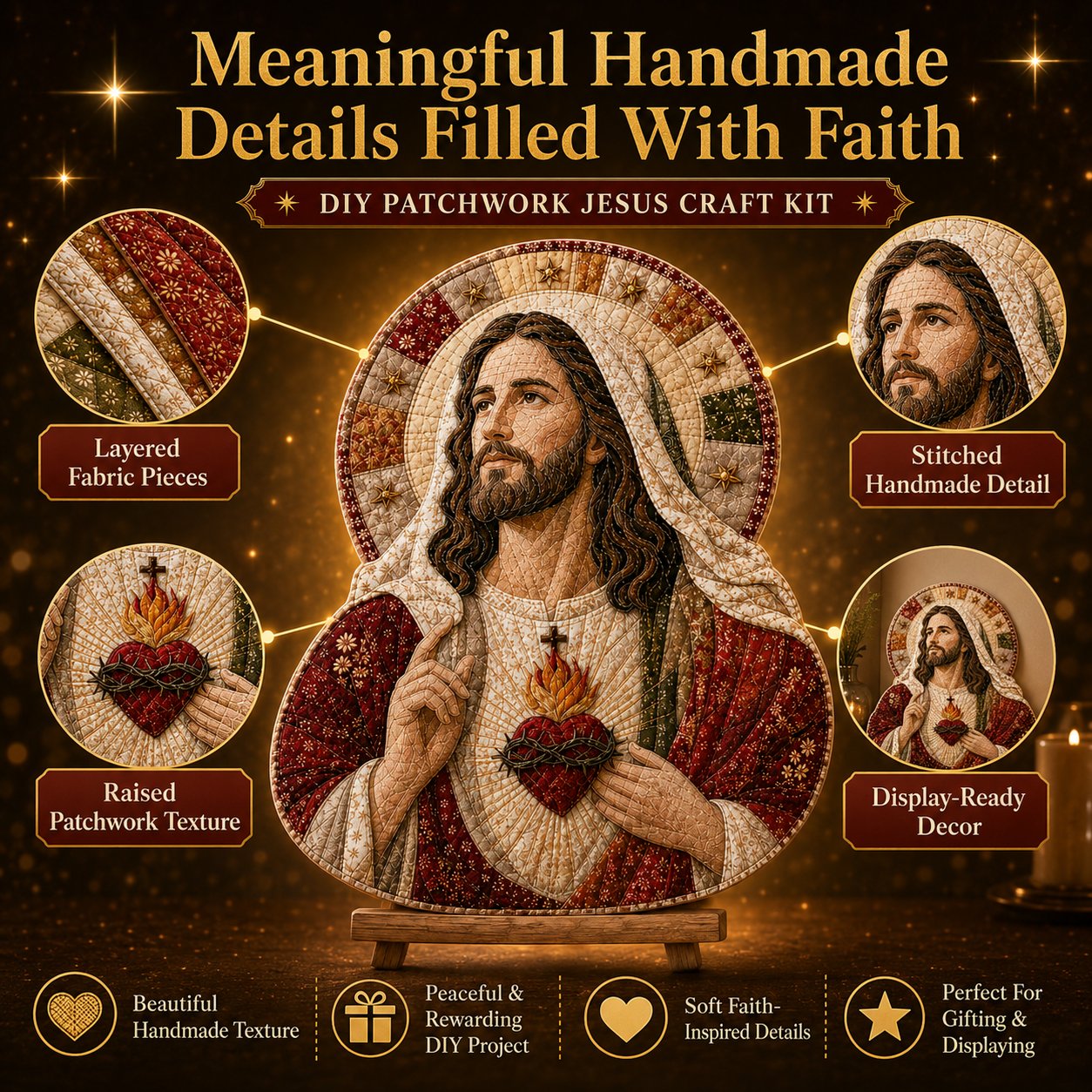✝️🧵 Premium Handmade Patchwork Jesus DIY Kit | High-Quality Layered Fabric with Stitched Details DIY Handmade Devotional Decor 🕊️✨