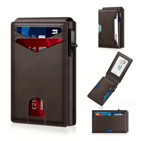 💥🎁 Slim Wallet for Men with Pop-Up Aluminum Case, RFID Blocking  Minimalist Leather Bifold Card Holder