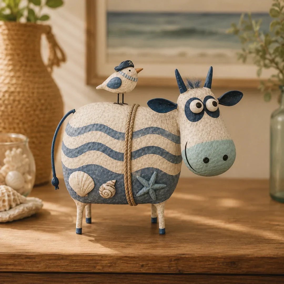 🔥Whimsical Cow & Bird Folk Art Figurine – Rustic Farmhouse Tabletop Decor Gift