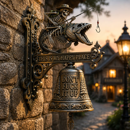 🎣 Metal Skeleton Fisherman Wall Bell – “This Is My Happy Place” Outdoor Décor