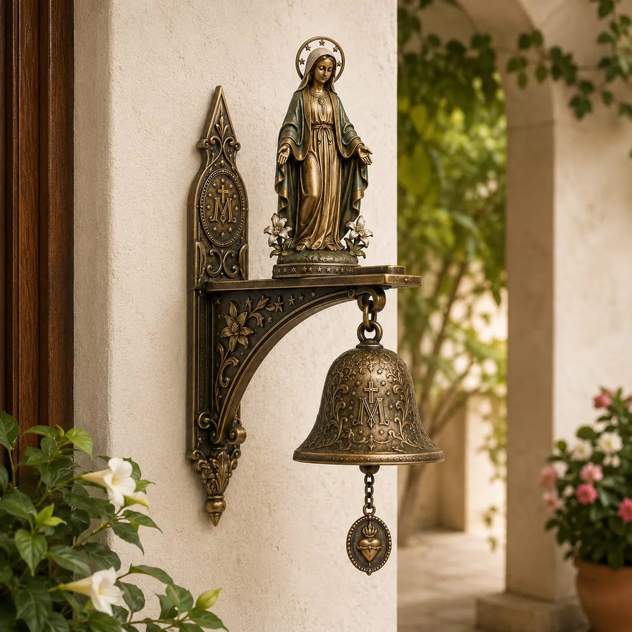 ✨ Our Lady of Grace Bronze Miraculous Medal Wall Bell | 🙏Catholic Religious Home & Garden Decor"