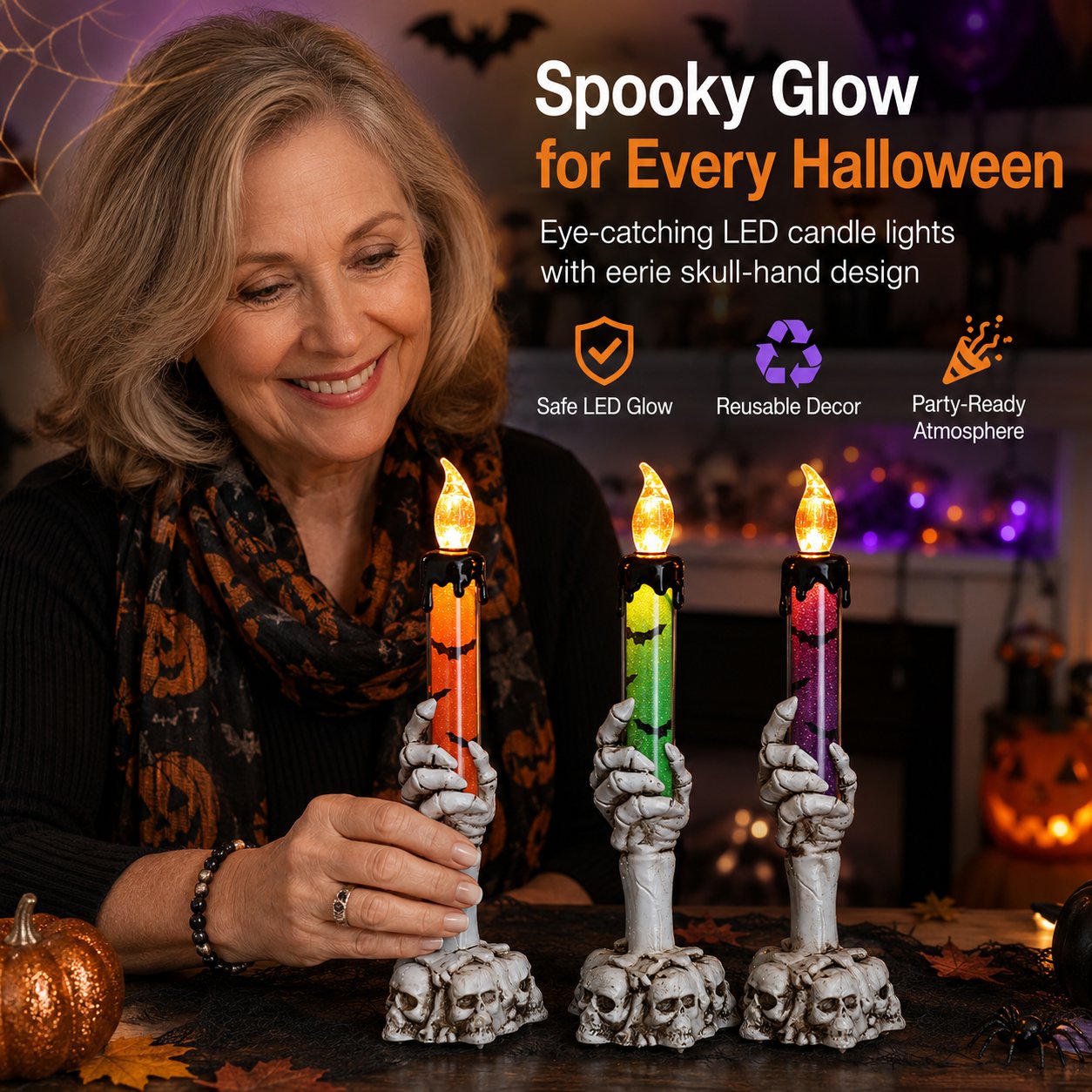 🎃 HOT SALE 50% OFF - Halloween Skeleton Skull Hand LED Glitter Candle Light Set🔥🔥🔥