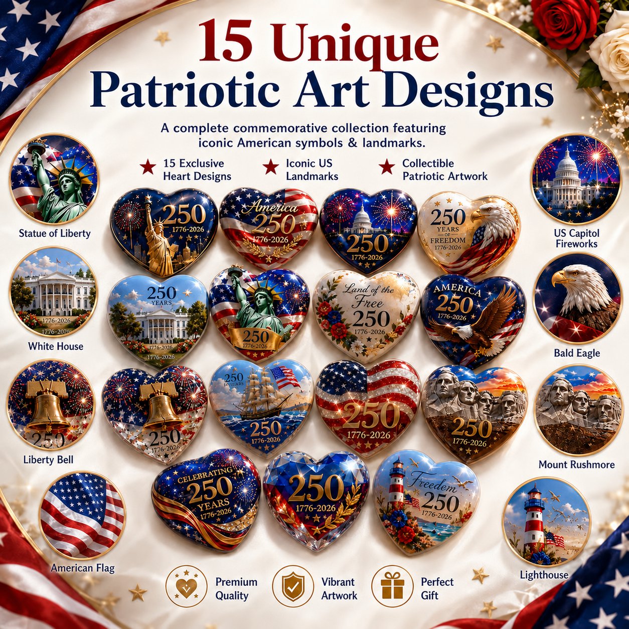 🇺🇸 America 250th Anniversary Commemorative Heart Ornament Collection | 15-Piece Patriotic Keepsake Set🎁Buy 2 Free Shipping
