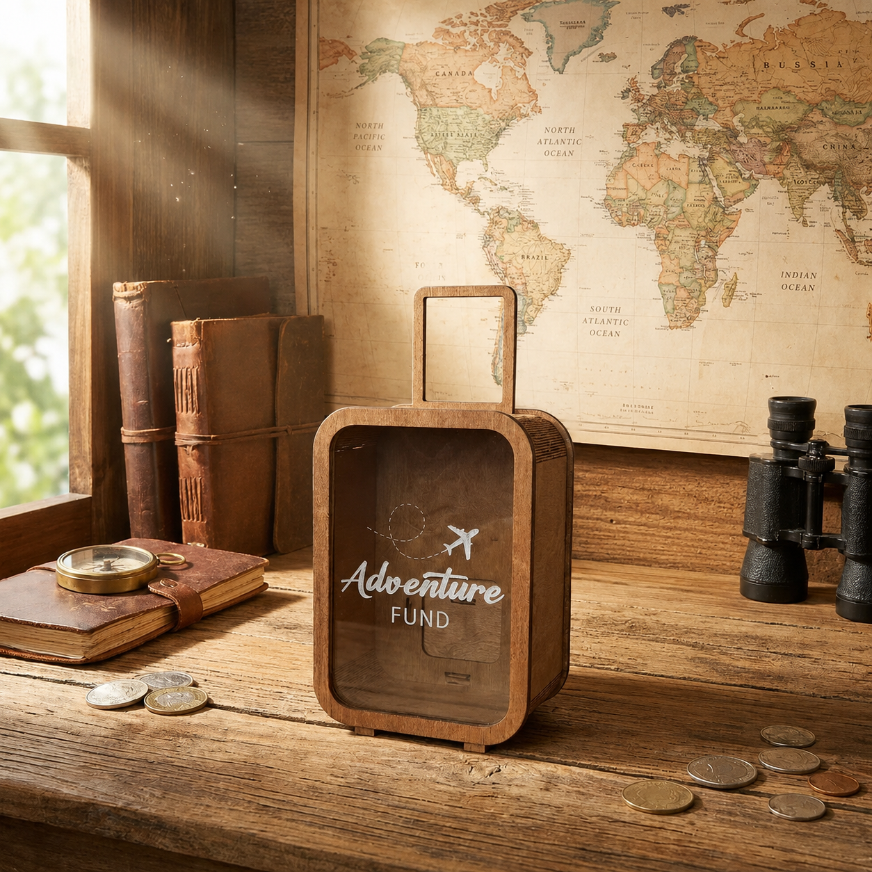 ✈️Adventure Fund, 🛳️Money Box, 🚌Vacation Fund, Handmade wooden piggy bank