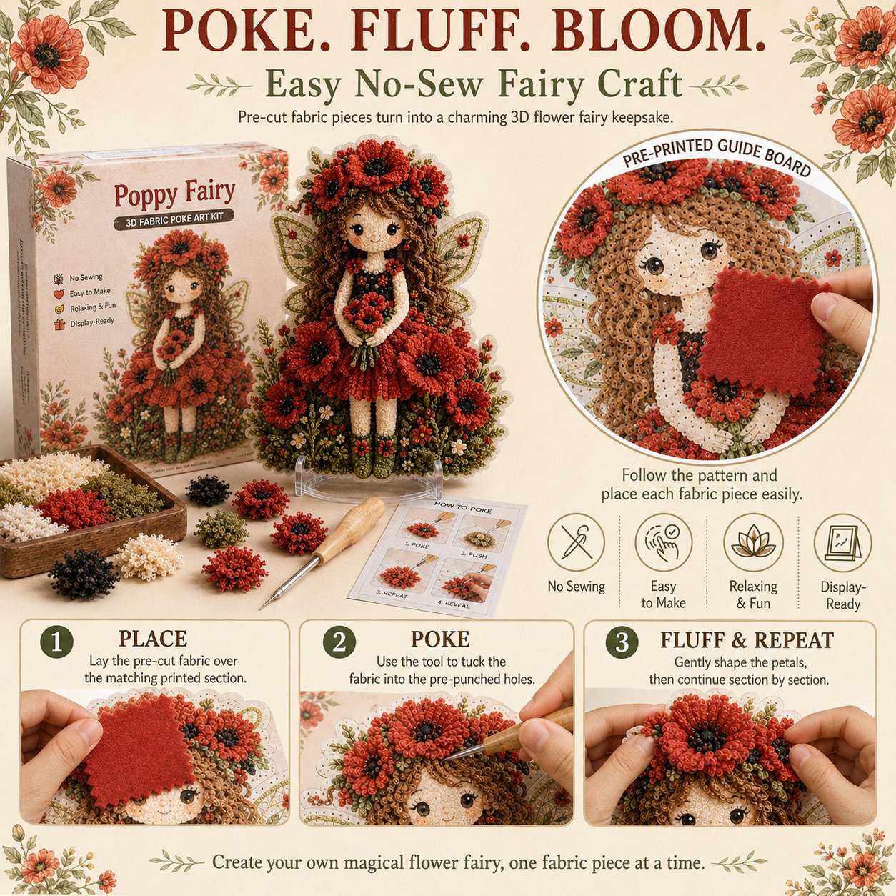 🔥HOT SALE 49% OFF – 🌸🧚‍♀️ Flower Fairy 3D Fabric Poke Art Kit | No-Sew Fluffy Fabric Craft with Raised Floral Texture & Display-Ready Fairy Decor ✨