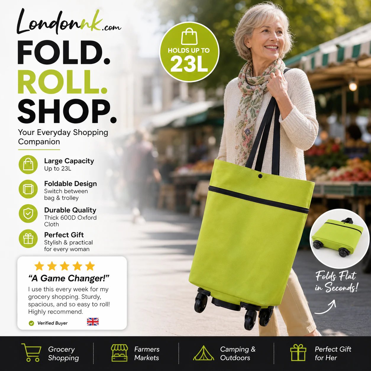 🛒 2-in-1 Foldable Rolling Shopping Cart – 49% OFF, 23L Capacity & Easy on Your Hands