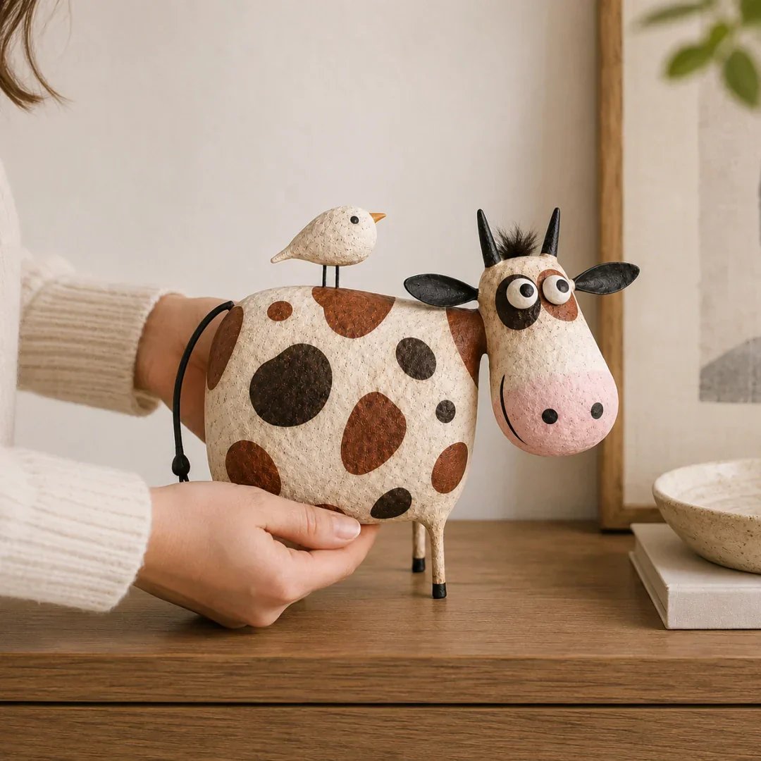 🔥Whimsical Cow & Bird Folk Art Figurine – Rustic Farmhouse Tabletop Decor Gift
