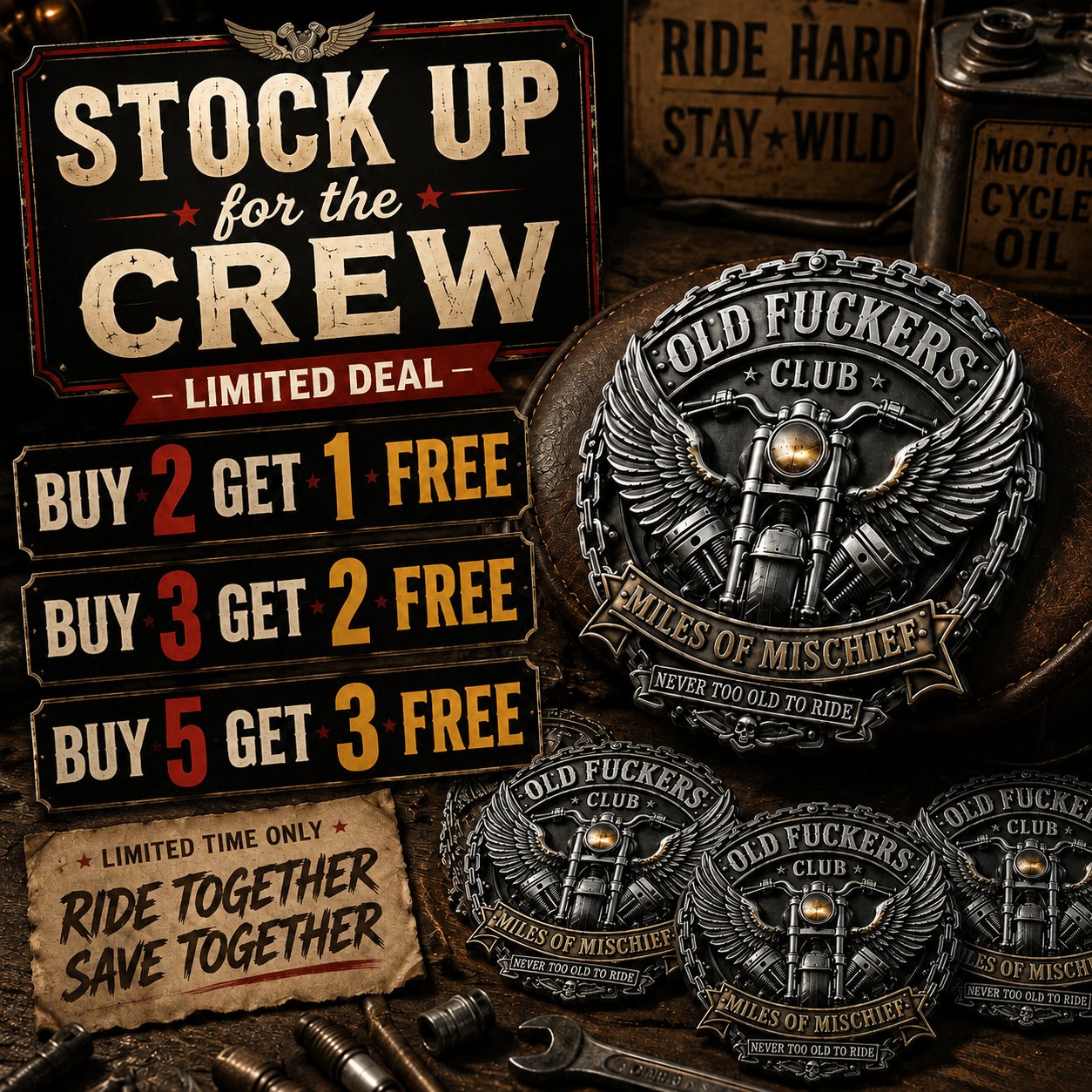 Old Fuckers Club – Miles of Mischief Motorcycle Emblem