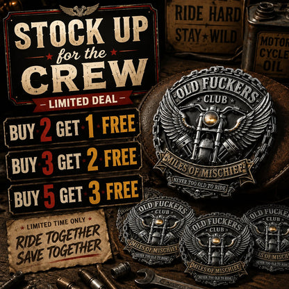 Old Fuckers Club – Miles of Mischief Motorcycle Emblem