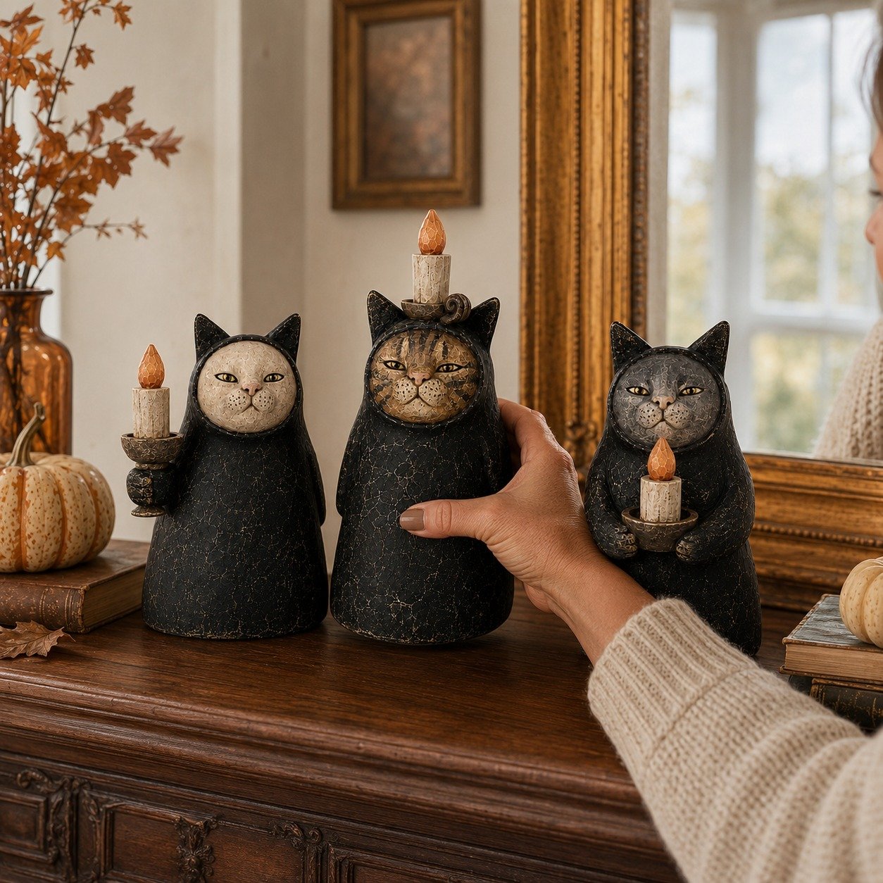 Mysterious Hooded Cat Candlelight Figurine