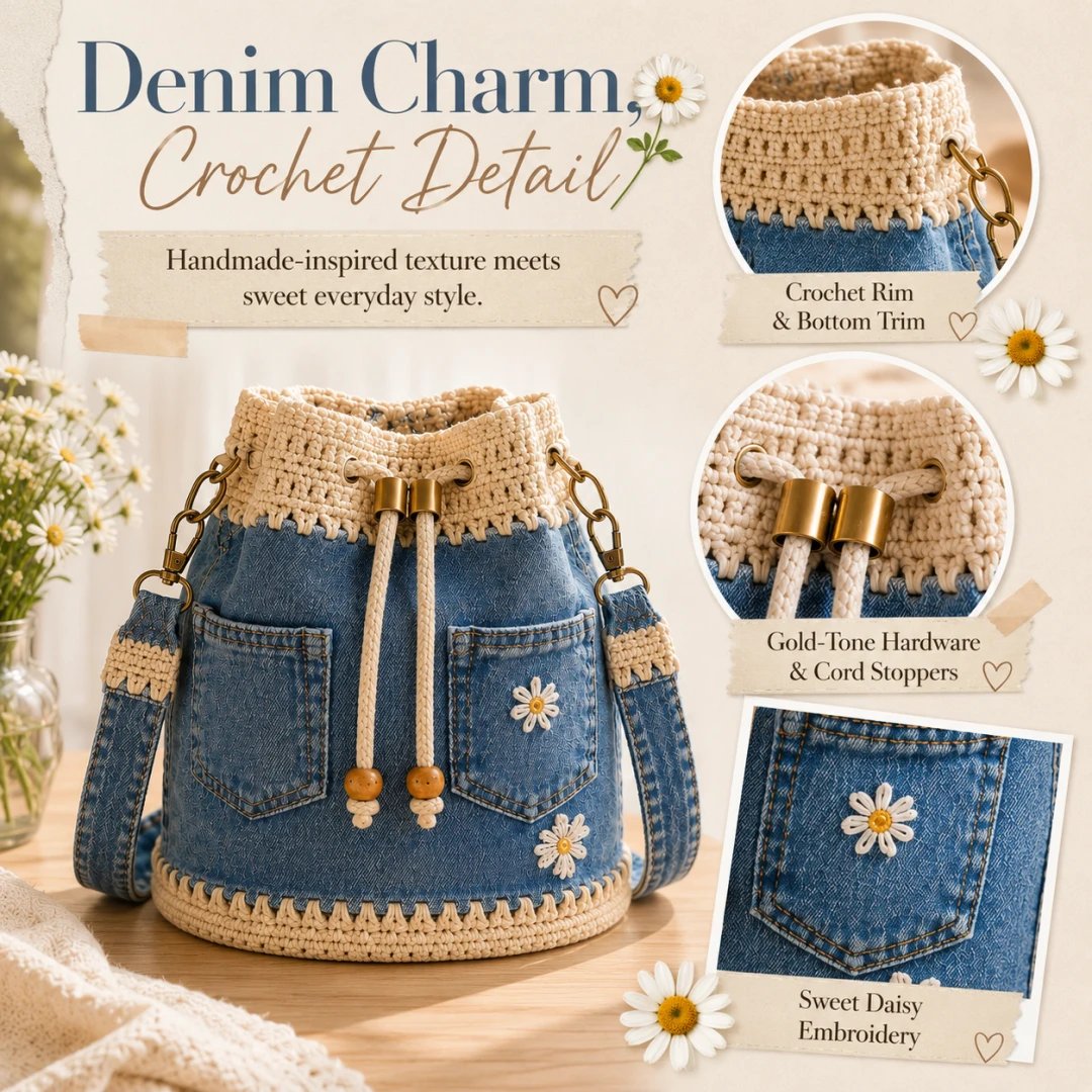 🔥HOT SALE 50% OFF✨👜Denim Crochet Bucket Bag