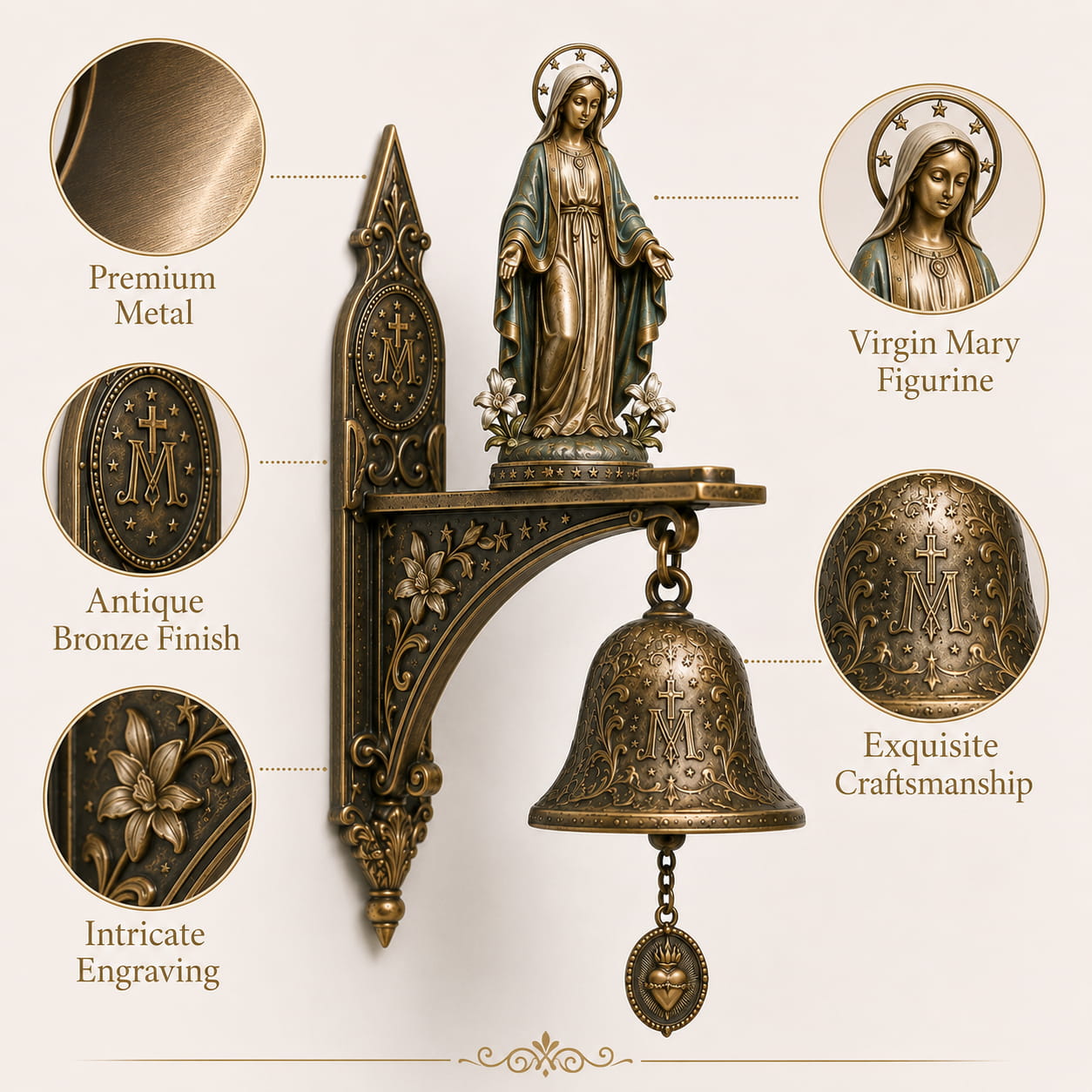 ✨ Our Lady of Grace Bronze Miraculous Medal Wall Bell | 🙏Catholic Religious Home & Garden Decor"