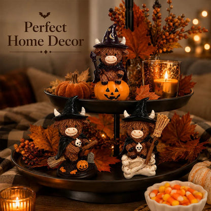 🔥Last Day 50% OFF 🐮Halloween Highland Cow Witch Ornament – Spooky-Cute Tabletop Decor for Mantel, Shelf & Candy Station