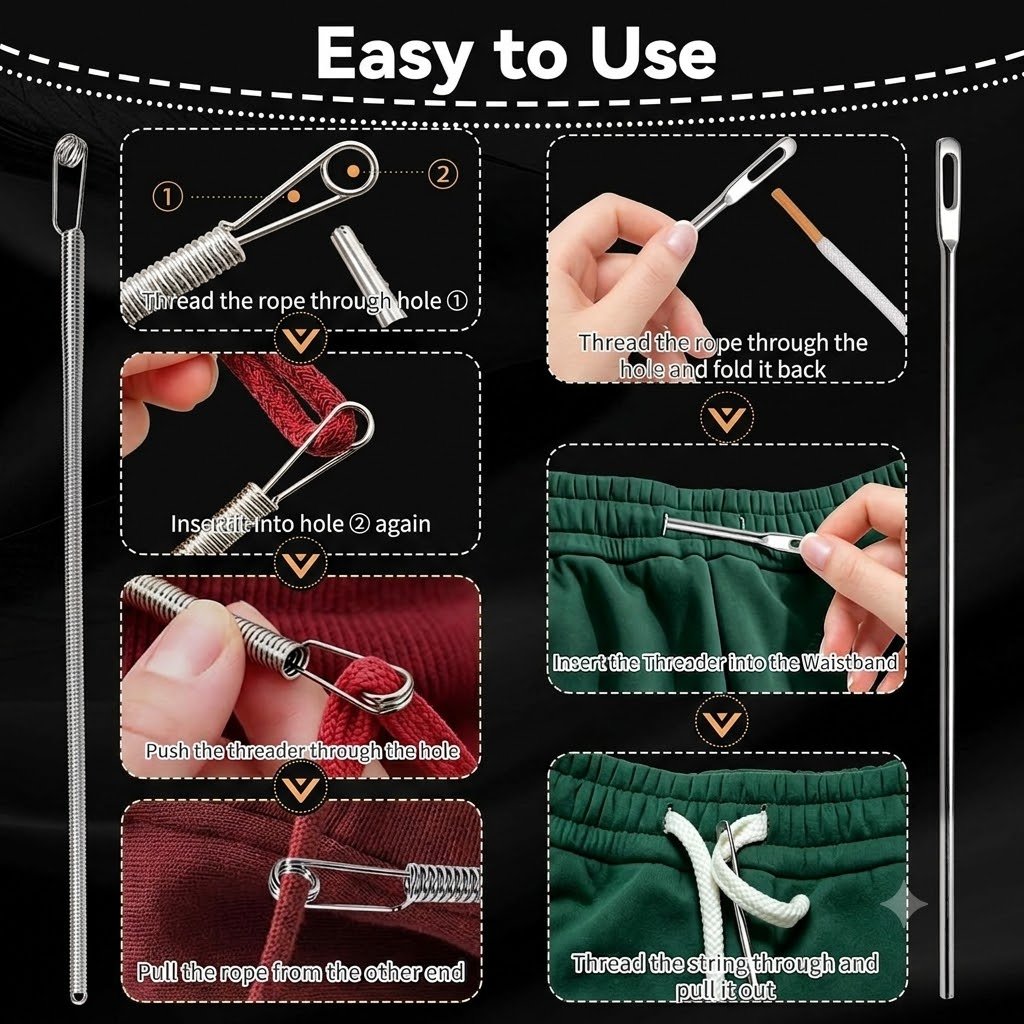 🔥49% OFF 2Pcs Flexible Drawstring Threading Tool 🧵 Bendable Metal Spring Threader for Hoodies Pants Shoelaces