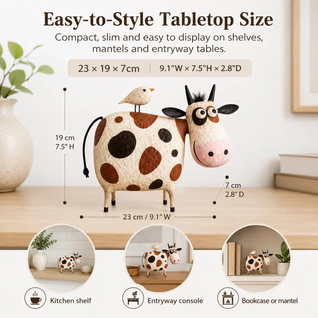 🔥Whimsical Cow & Bird Folk Art Figurine – Rustic Farmhouse Tabletop Decor Gift