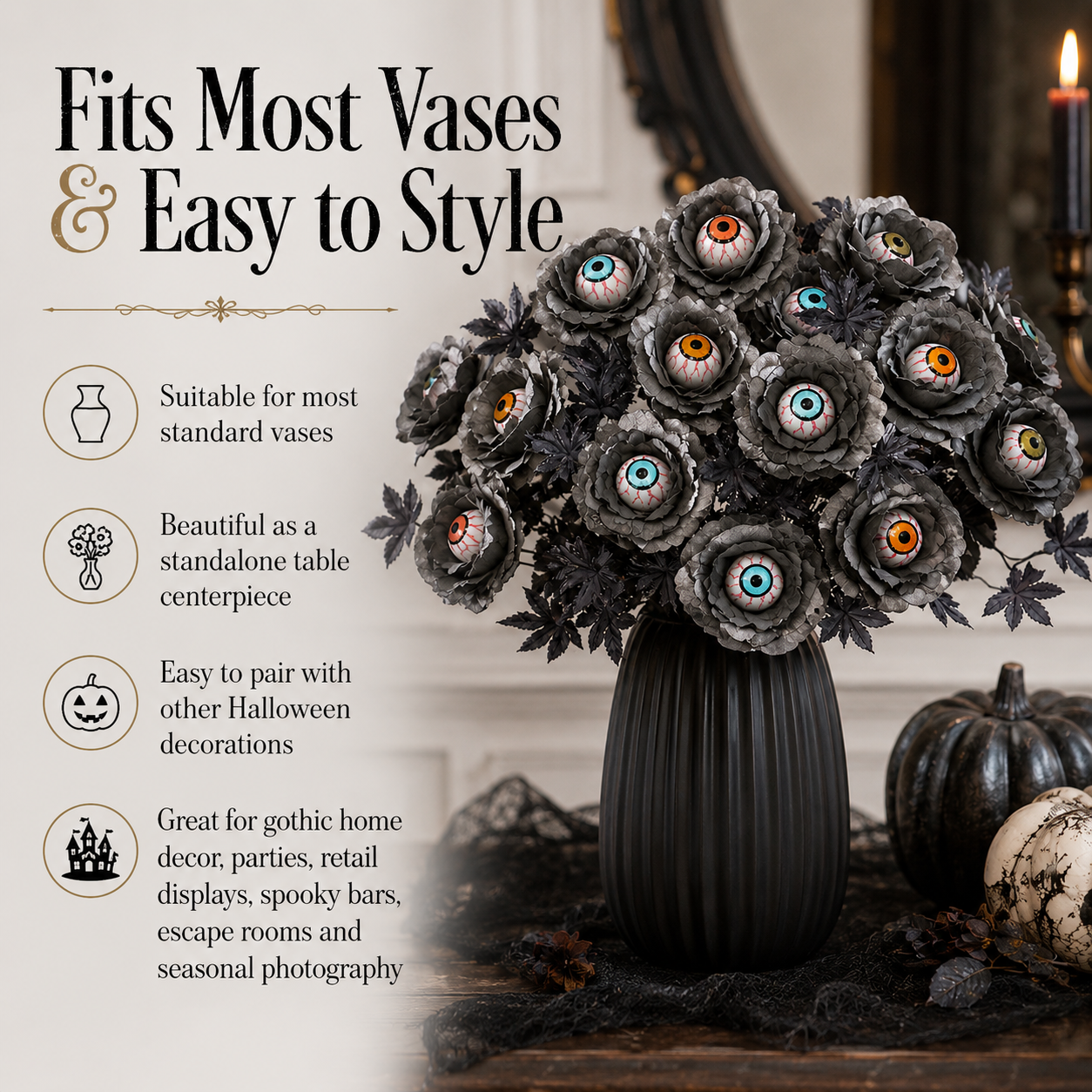 👁️Halloween Eyeball Black Rose Bouquet, Spooky Artificial Flower Arrangement, Gothic Halloween Table Decor