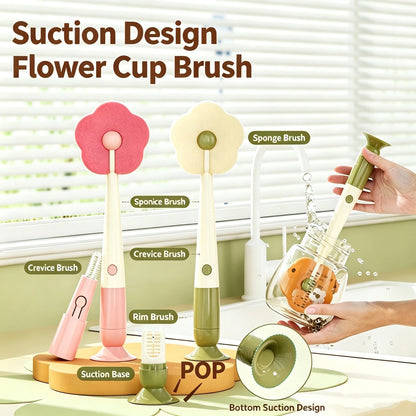 🌸 Long-Handle Flower Dish Brush – 3-in-1 Detachable Set for Cups, Bottles & Nipples