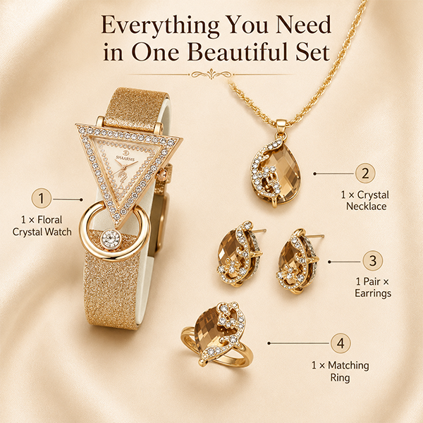 Elegant Floral Crystal Watch & Matching Jewelry Set for Women