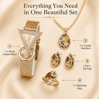 Elegant Floral Crystal Watch & Matching Jewelry Set for Women