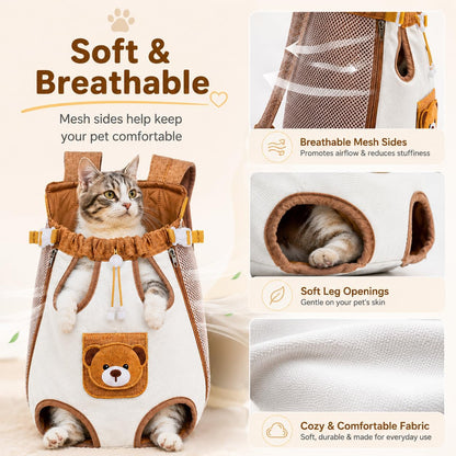 😻🐾Cute Bear Design Front Pet Carrier Backpack, Breathable Adjustable Hands-Free Travel Chest Bag for Cats Small Dogs Walking Shopping Vet Visits