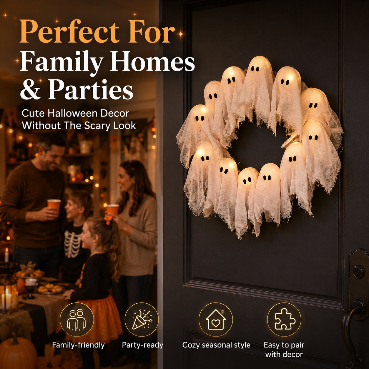 Light-Up Halloween Ghost Wreath
