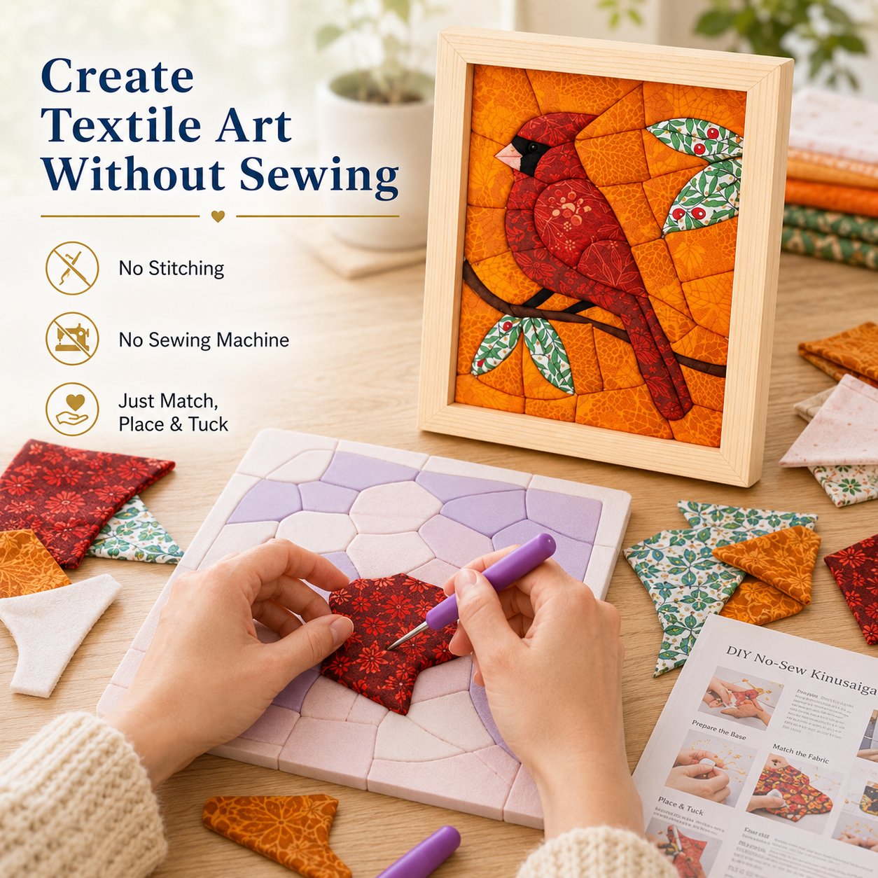 🧵 Premium No-Sew Kinusaiga Fabric Art Kit | Layered Fabric Tucking Craft with Nature-Inspired Designs DIY Handmade Textile Decor ✨