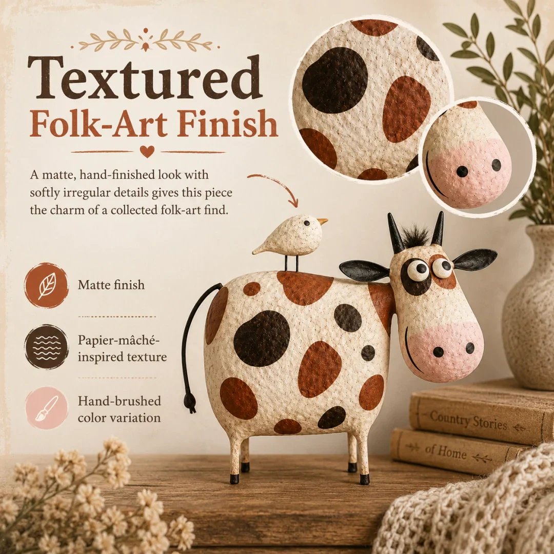 🔥Whimsical Cow & Bird Folk Art Figurine – Rustic Farmhouse Tabletop Decor Gift