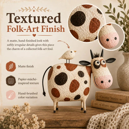 🔥Whimsical Cow & Bird Folk Art Figurine – Rustic Farmhouse Tabletop Decor Gift