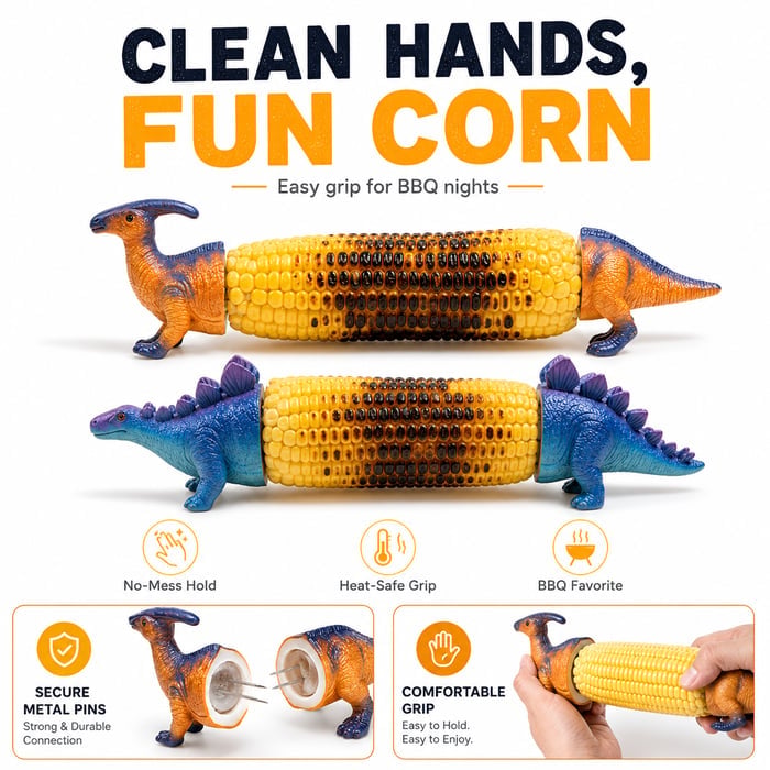Dinosaur Corn Holders for Corn On The Cob - Funny Corn Cob Holder for Kids and Adults with Stainless Steel Prongs