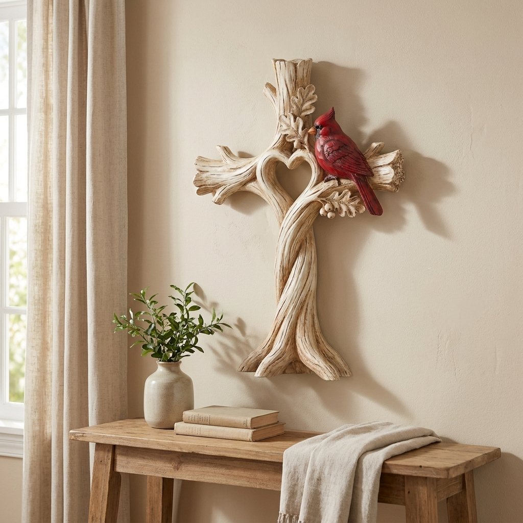 Cardinal Heart Tree Cross – Hand-Carved Solid Wood Decor