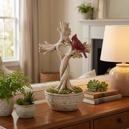 Cardinal Heart Tree Cross – Hand-Carved Solid Wood Decor