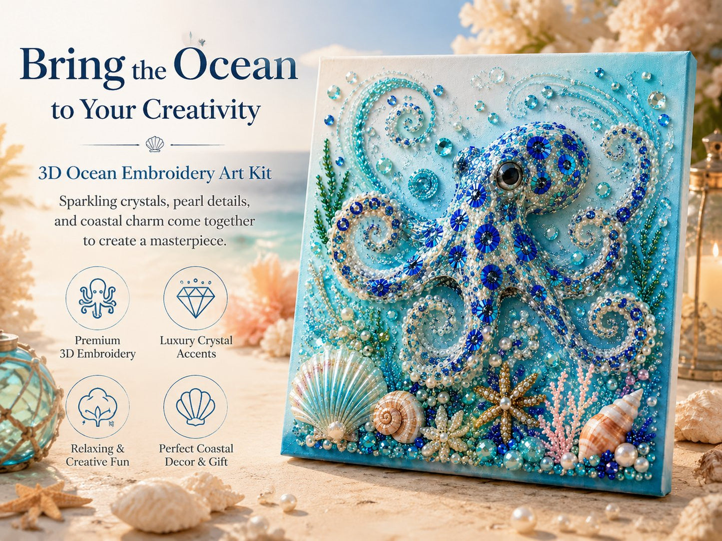 🌊Premium 3D Pearl Ocean Wall Art Kit | Luxury Ocean Theme CanvaAs with Scratch-Resistant Non-Fading Pearl Beads DIY Coastal Decor 🐚✨