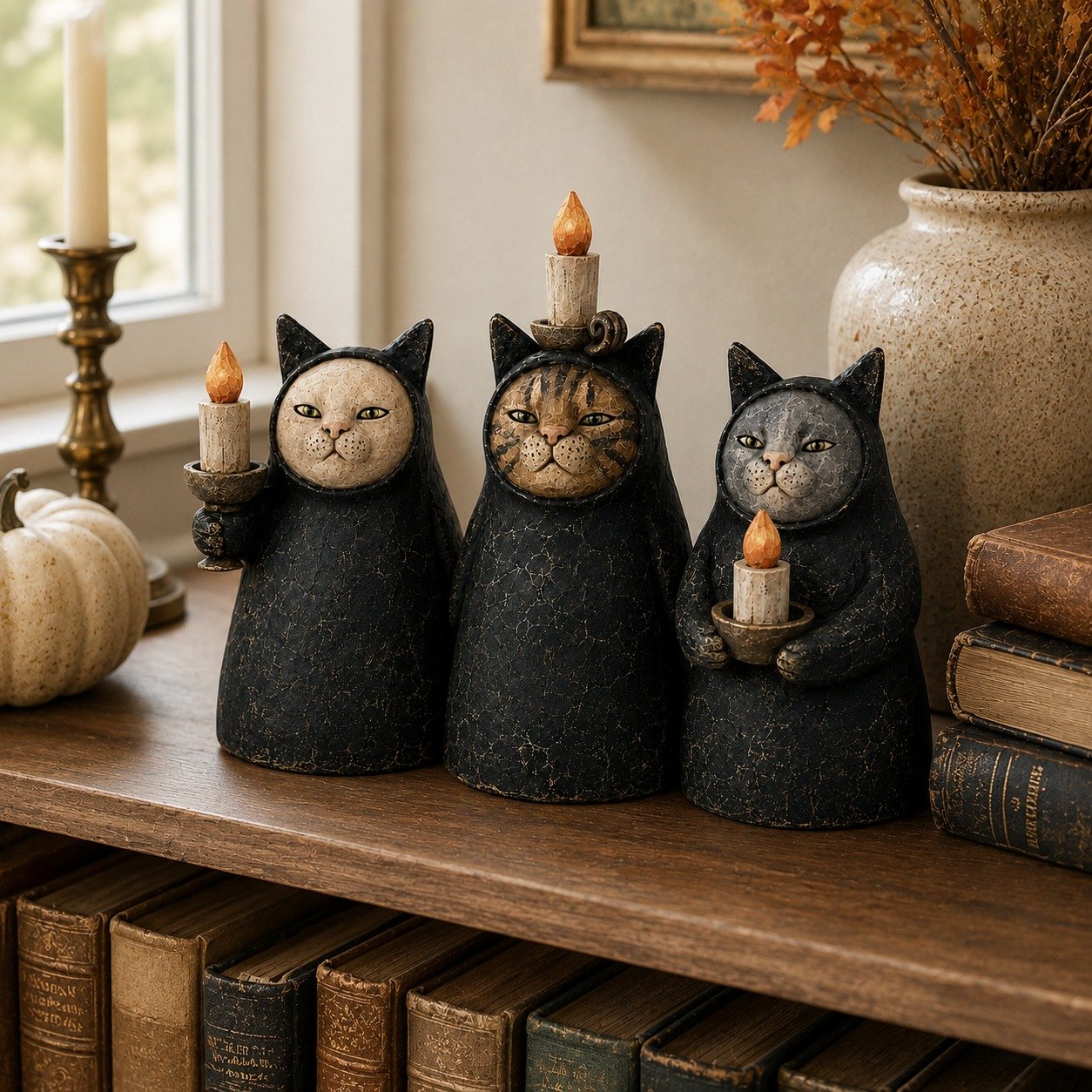 Mysterious Hooded Cat Candlelight Figurine