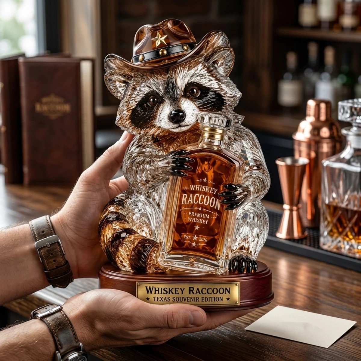 🦝 Wild West Whiskey Raccoon Crystal Statue