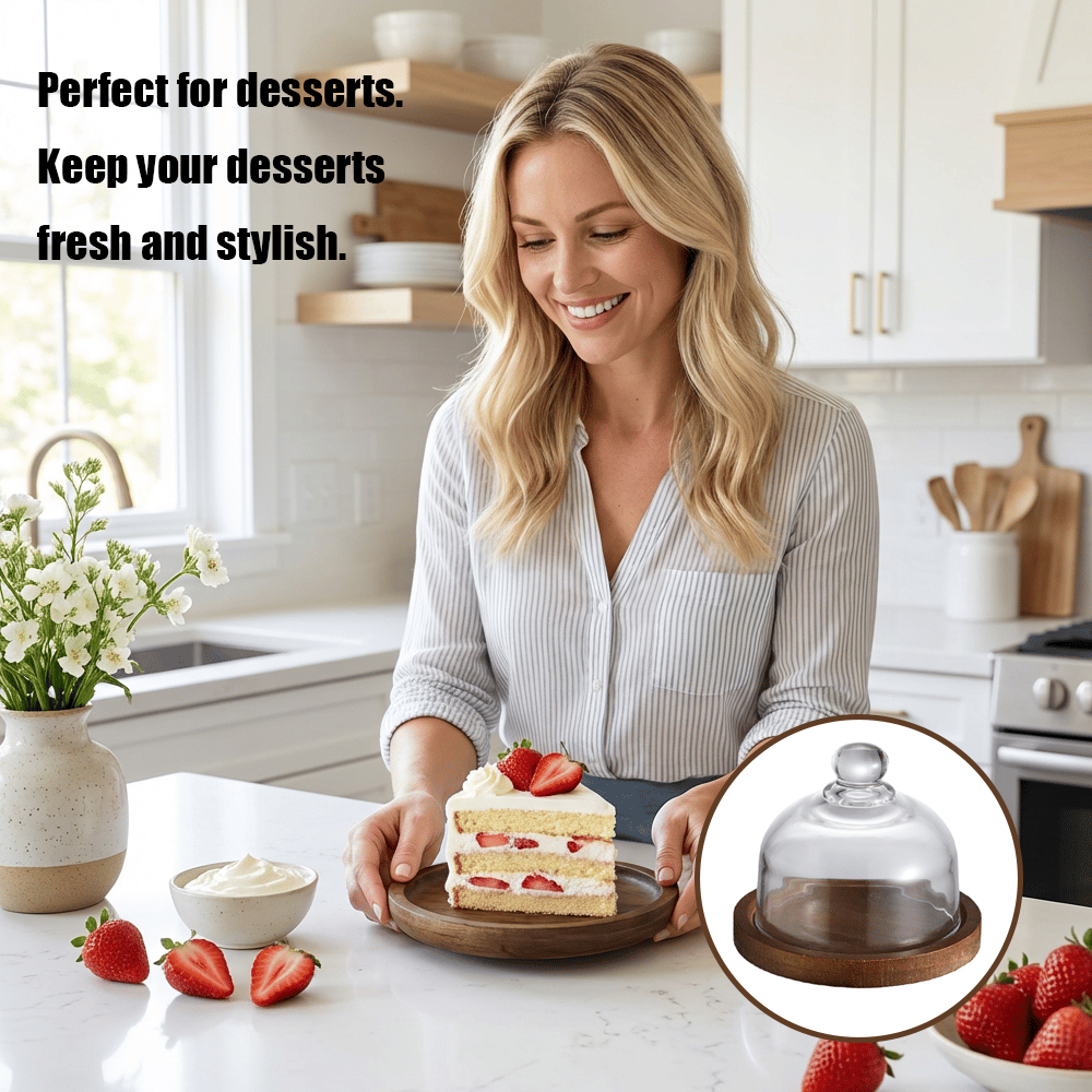 🍰 Mini Glass Dessert Dome with Wooden Base