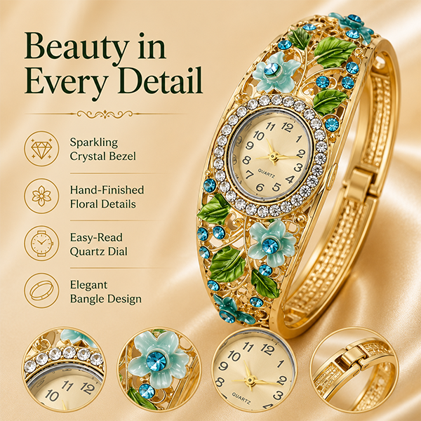 Elegant Floral Crystal Watch & Matching Jewelry Set for Women