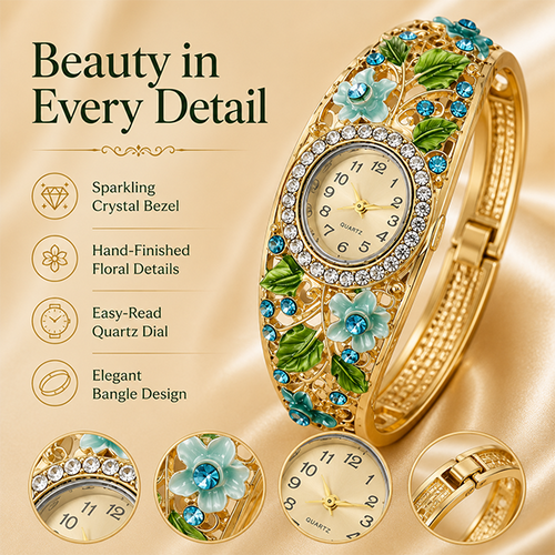 Elegant Floral Crystal Watch & Matching Jewelry Set for Women